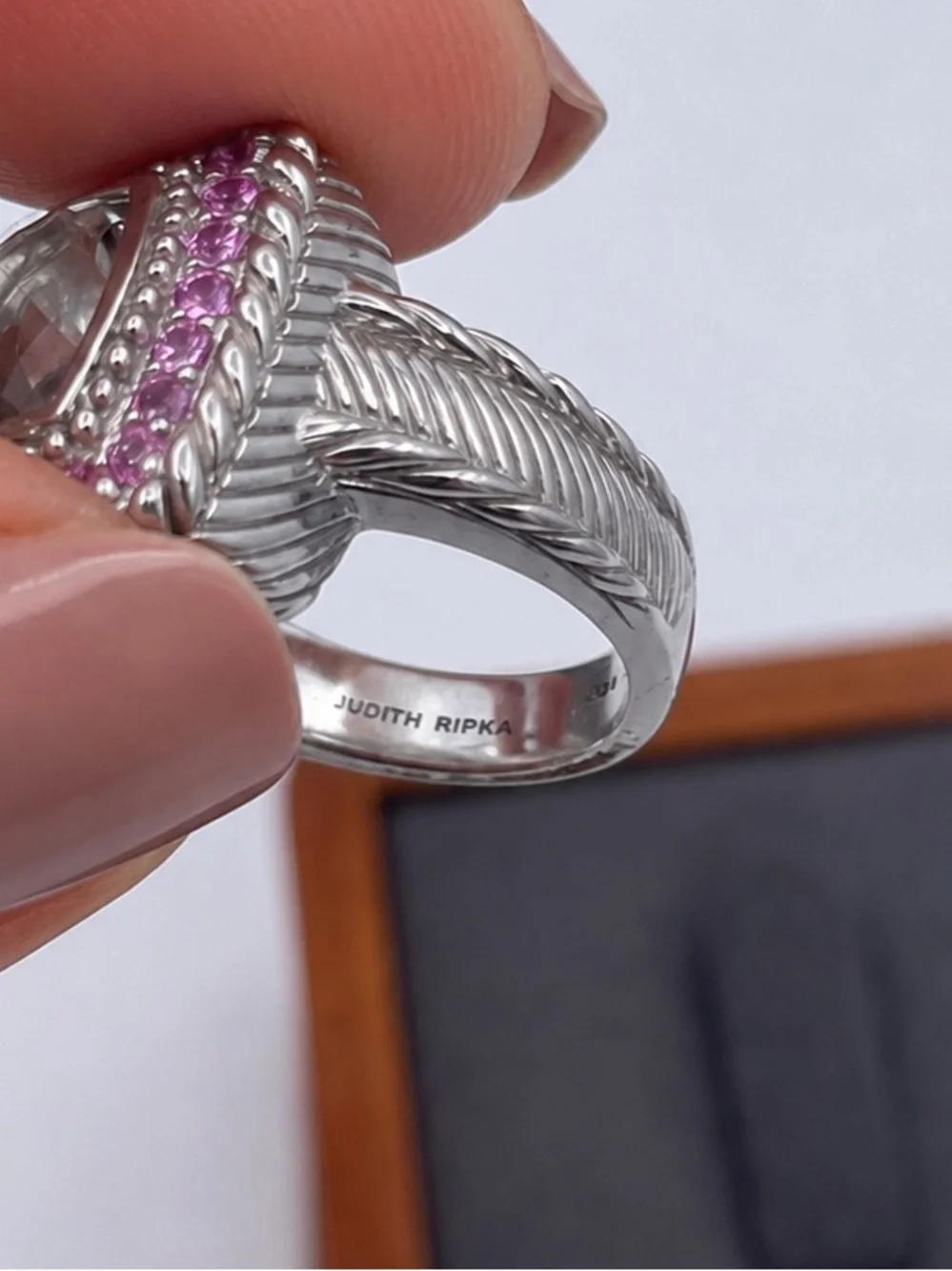 Judith Ripka 925 Sterling Silver Prasiolite Green Amethyst Pink Sapphire Ring s6